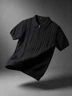 Elegant Half Zip Vertical Rib Knit Polo Shirt for Men, Lightweight Cool Collared Short Sleeve Top, Stretch Versatile Casual Blouse for Daily Multi-scene Outfits - Black