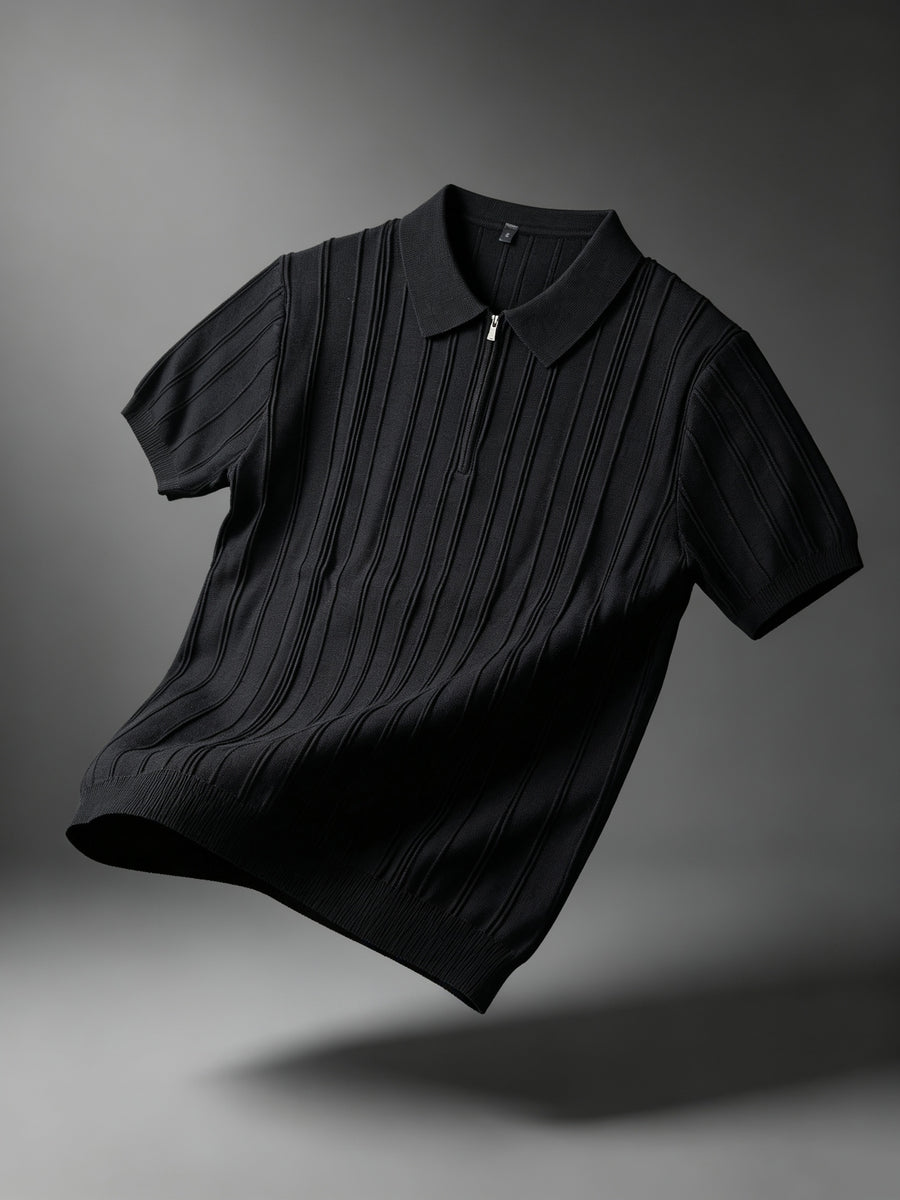 Elegant Half Zip Vertical Rib Knit Polo Shirt for Men, Lightweight Cool Collared Short Sleeve Top, Stretch Versatile Casual Blouse for Daily Multi-scene Outfits - Black