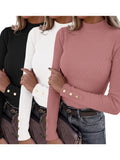 Women'S 3pcs Set High Neck Ribbed Fashion Top with Buttons, Comfortable Casual Long Sleeve Body Suit Top - Red Bean Paste Dirty Pink + White + Black