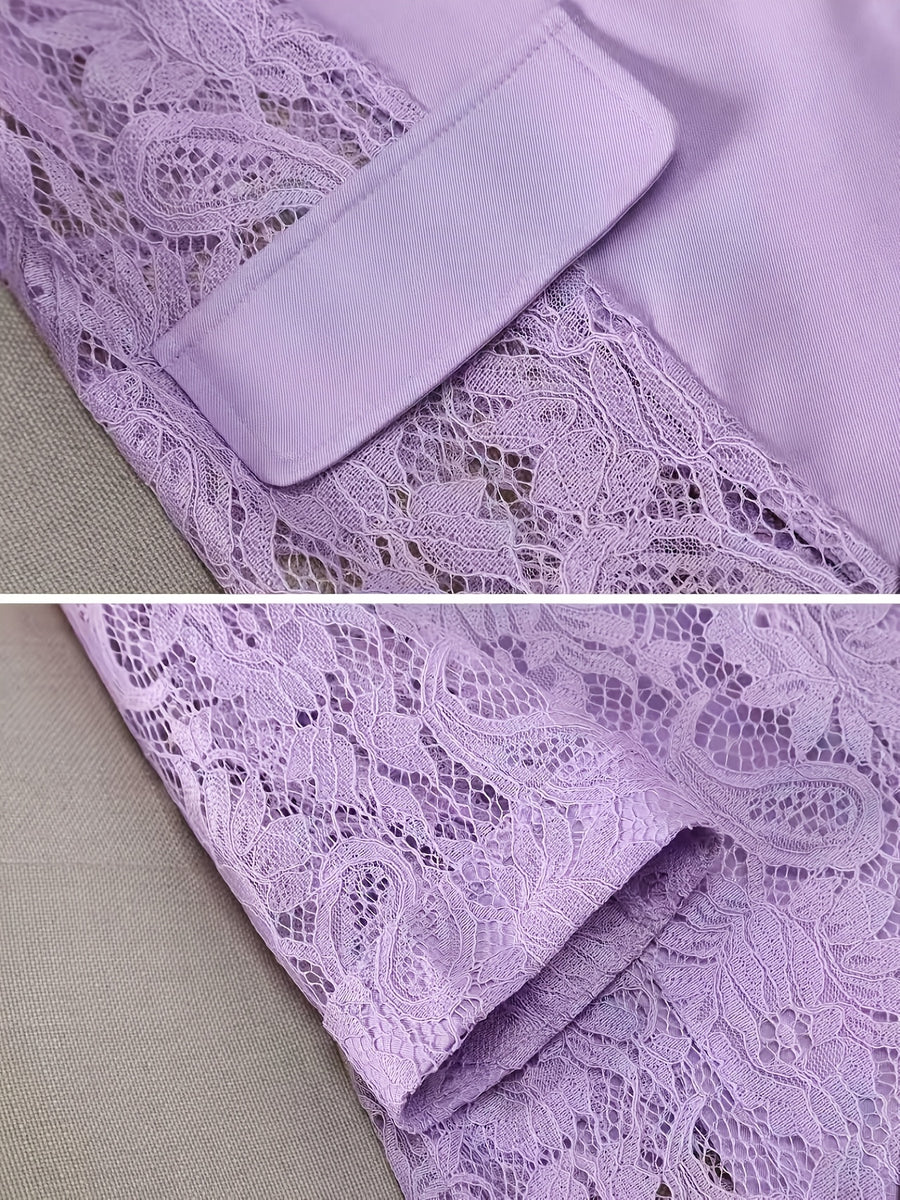 Women'S Thin Patchwork Lace Lightweight Suit Design Casual Temperament Three-Quarter Sleeve Casual Lapel Suit Top - Light Purple