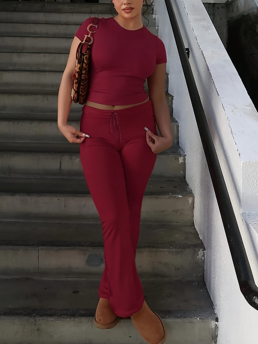 Women'S 2pcs Short Sleeve Top And Wide-Leg Pants Set, Fake Drawstring Waistband, Casual All-Season Outfit, Comfortable Home Wear, Daily Attire, Casual Style, Short Sleeve Top, Women'S Set, Women'S Clothing, Fashion Top, Autumn Women'S Wear - Burgundy