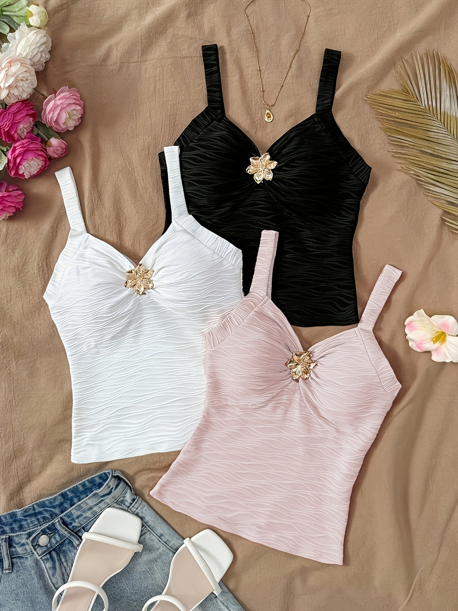 Spring/Summer 2026 Women'S 3pcs Set of 3D Floral Embellished Wavy Texture Cami Tops, Sweet Spicy Style V-Neck Sleeveless Short Fashion Top - Pink+white+black