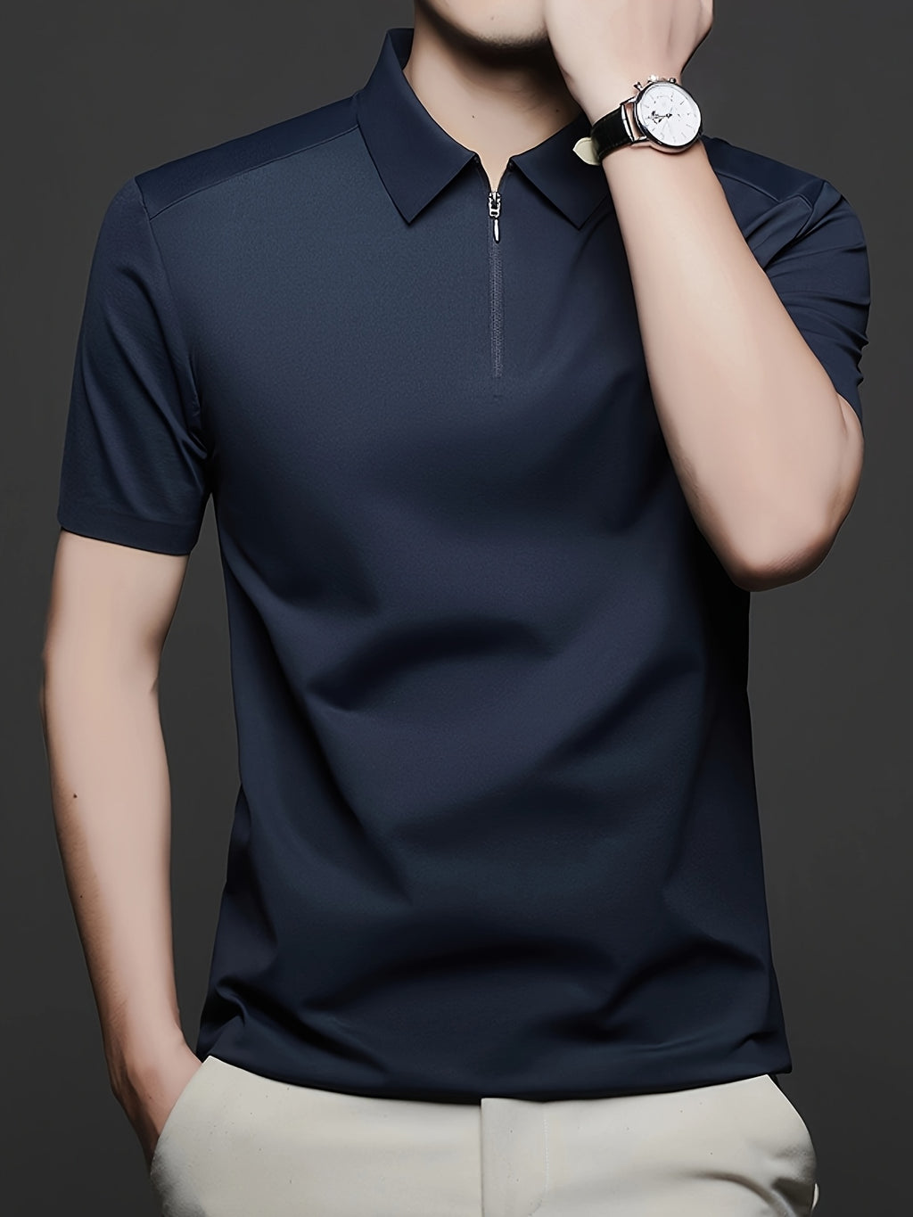 Men's Summer Lapel Polo Shirt, Fashionable and Versatile Light Luxury Zipper Top, Business Casual Breathable Short-Sleeve T-Shirt, Suitable for Daily Work Scenes - Navy Color