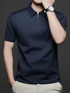 Men's Summer Lapel Polo Shirt, Fashionable and Versatile Light Luxury Zipper Top, Business Casual Breathable Short-Sleeve T-Shirt, Suitable for Daily Work Scenes - Navy Color