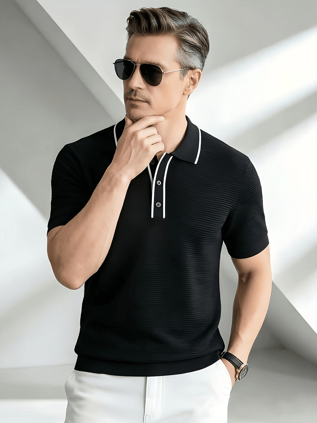 2026 New Fashionable Business Mature Men'S Casual Contrast Trim Lapel Short Sleeve Knit Polo Shirt, Slim Fit Breathable Knit Top, Summer Suitable for Daily, Office And Weekend Outfits - Black