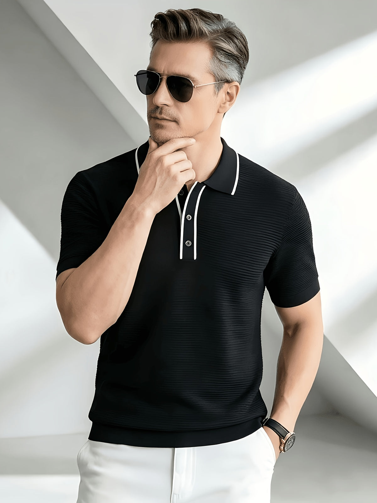 2026 New Fashionable Business Mature Men'S Casual Contrast Trim Lapel Short Sleeve Knit Polo Shirt, Slim Fit Breathable Knit Top, Summer Suitable for Daily, Office And Weekend Outfits - Black
