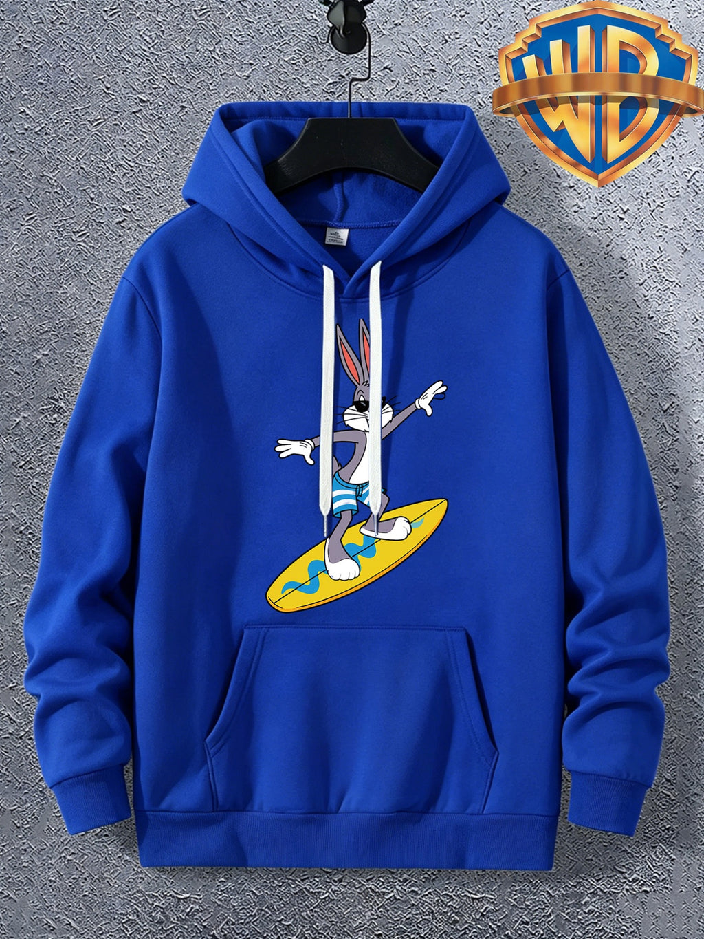 Warner Bros. Official Men's Autumn Hooded Sweatshirt, with Ribbed Cuffs, Breathable Polyester Fabric, Summer Beach Surfing Anime Print, Suitable for Casual and Sporty Outfits, Friend Gatherings, and Daily Shopping, Pocket Storage - Color Blue