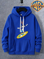 Warner Bros. Official Men's Autumn Hooded Sweatshirt, with Ribbed Cuffs, Breathable Polyester Fabric, Summer Beach Surfing Anime Print, Suitable for Casual and Sporty Outfits, Friend Gatherings, and Daily Shopping, Pocket Storage - Color Blue