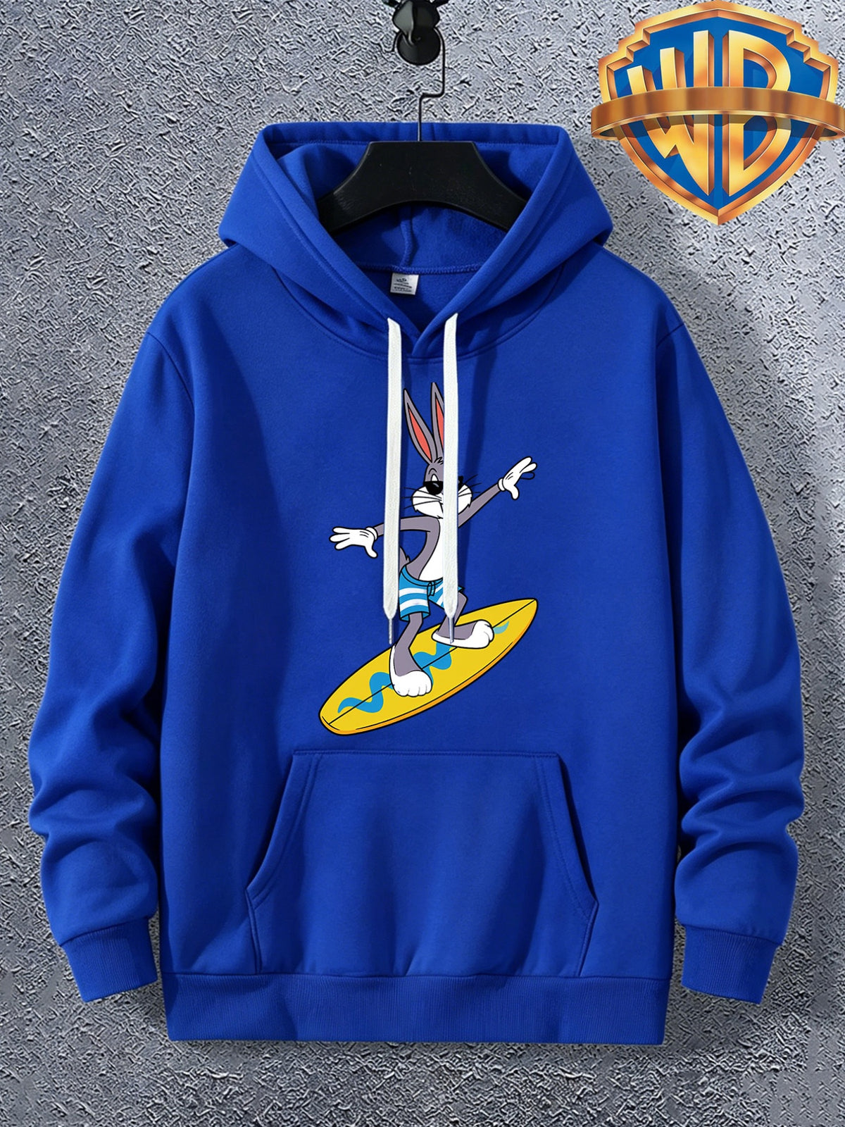 Warner Bros. Official Men's Autumn Hooded Sweatshirt, with Ribbed Cuffs, Breathable Polyester Fabric, Summer Beach Surfing Anime Print, Suitable for Casual and Sporty Outfits, Friend Gatherings, and Daily Shopping, Pocket Storage - Color Blue