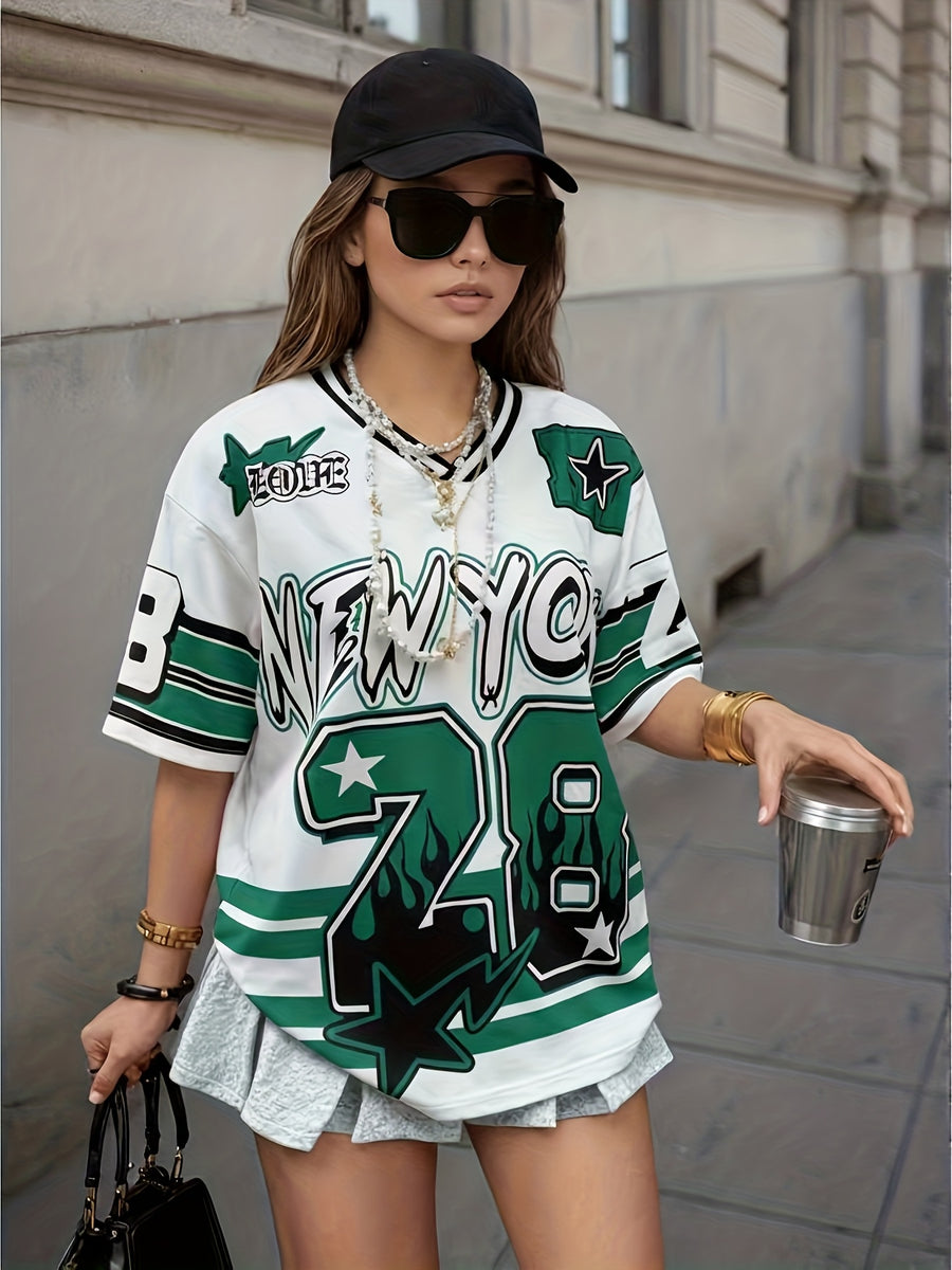 Women'S Top Casual Color-Block Striped Letter And Number Print Short Sleeve Women'S T-Shirt - Green