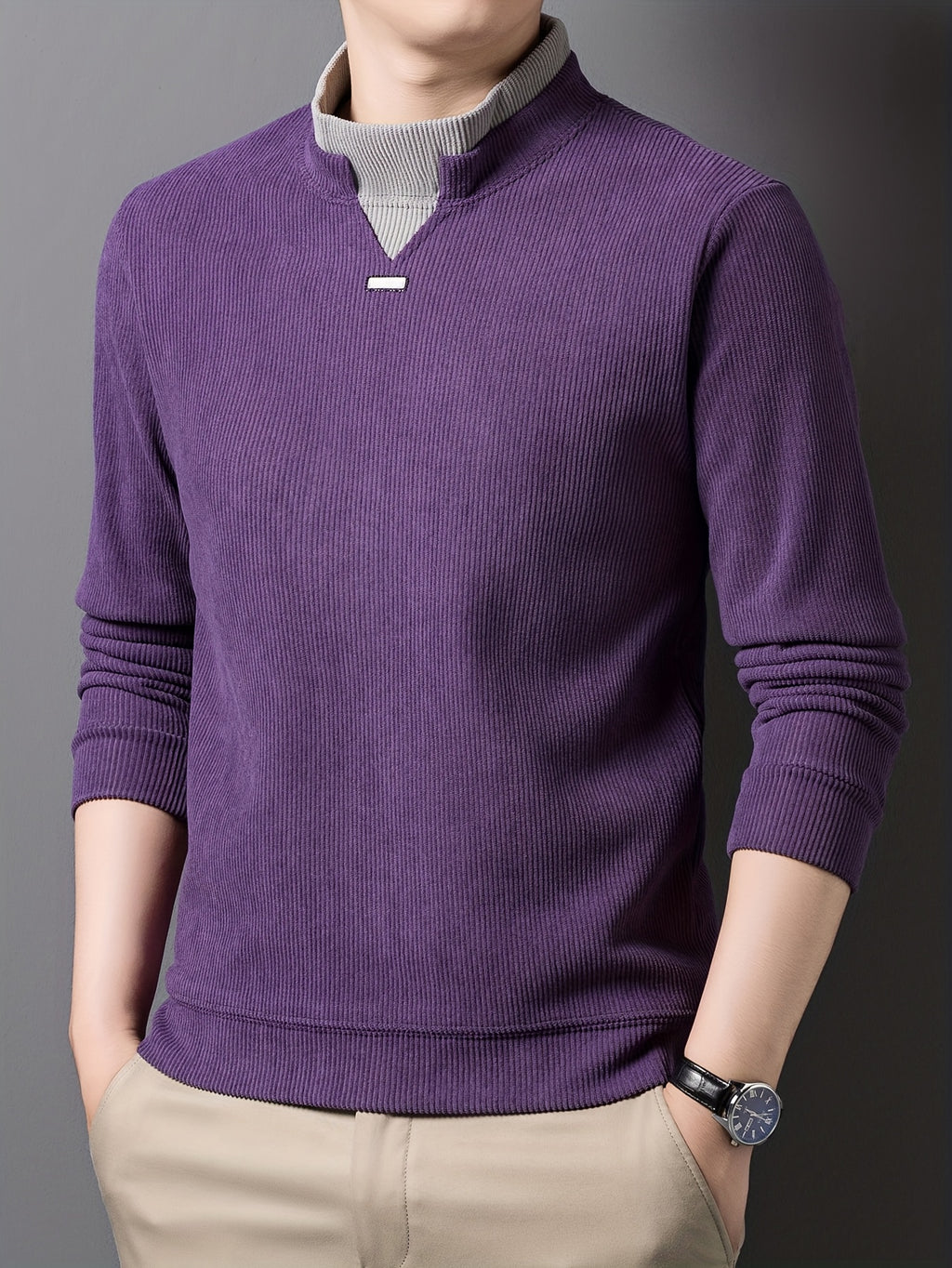 New High-Neck Men's Base Layer Shirt, Fashionable Trendy Casual -Lined Warm Sweater, Stylish Skin-Friendly Men's Autumn-Winter Knit Top F2136 - Purple