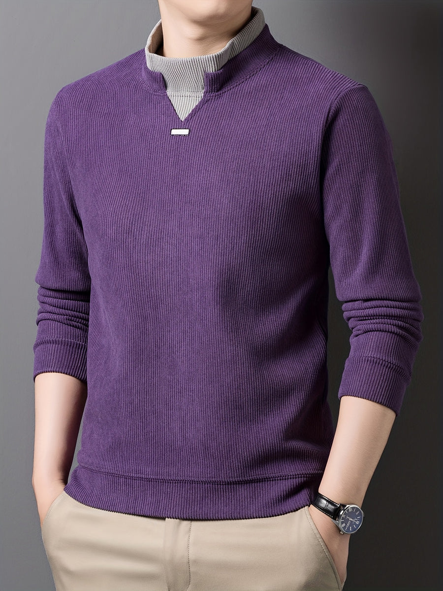 New High-Neck Men's Base Layer Shirt, Fashionable Trendy Casual -Lined Warm Sweater, Stylish Skin-Friendly Men's Autumn-Winter Knit Top F2136 - Purple