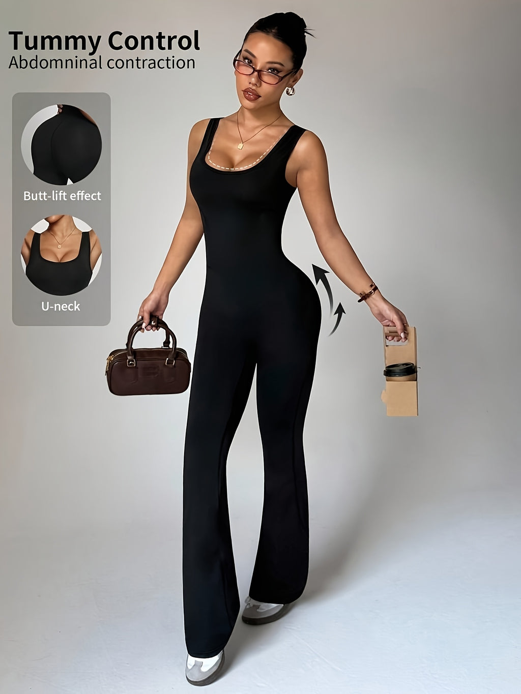 Plain Black Sleeveless Unitard with Comfortable Fabric And Stylish Design Flare Jumpsuit Jumpsuit for Women Bodycon Jumpsuit Flared Leggings Jumpsuit - Black