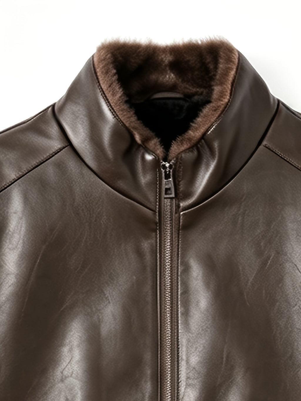 [Pearson OBM] Autumn Winter Men'S Faux Leather Jacket Casual All-Match Warm Zippered Faux Leather Jacket Outdoor Casual Top - Coffee Color