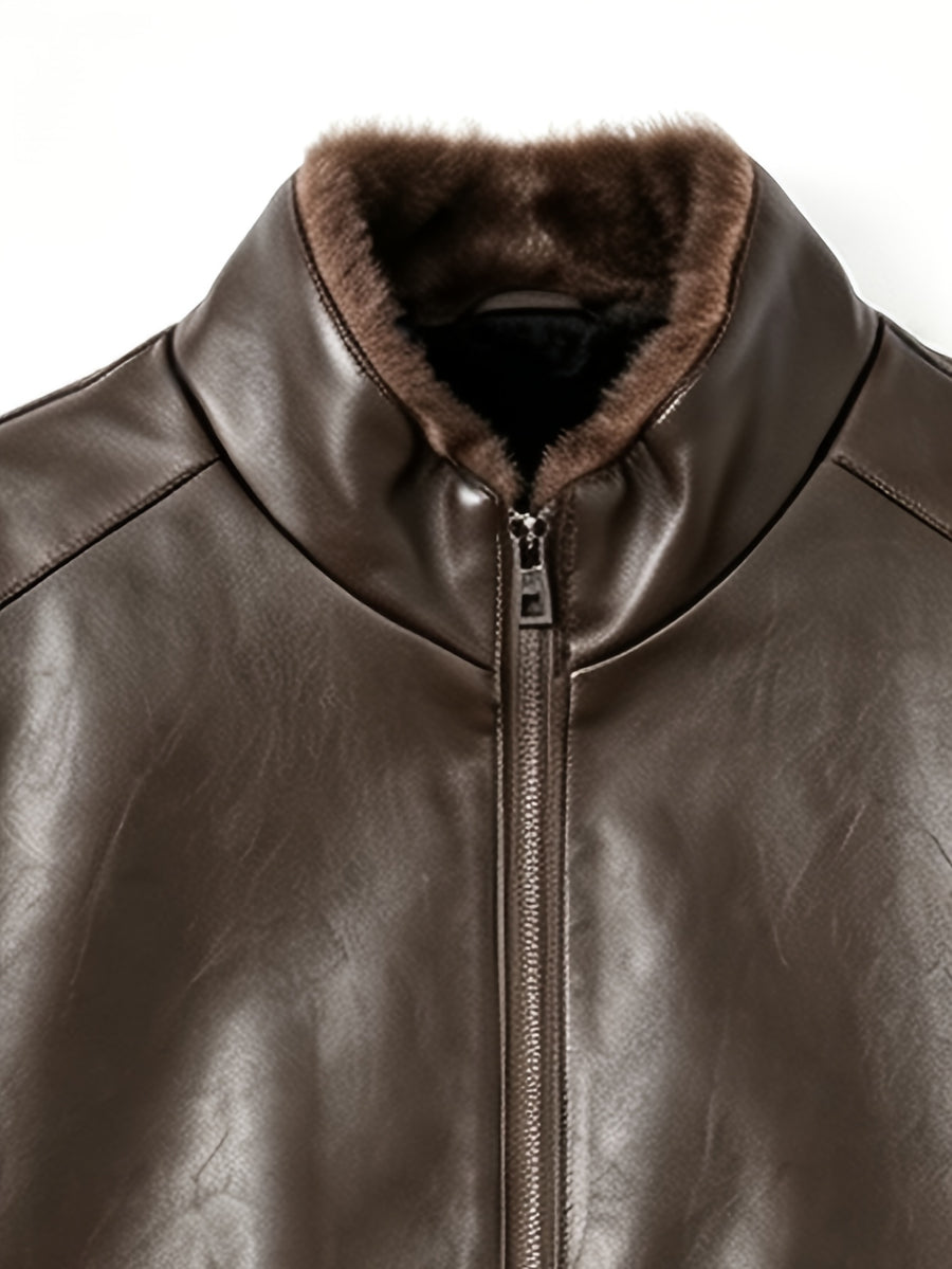 [Pearson OBM] Autumn Winter Men'S Faux Leather Jacket Casual All-Match Warm Zippered Faux Leather Jacket Outdoor Casual Top - Coffee Color