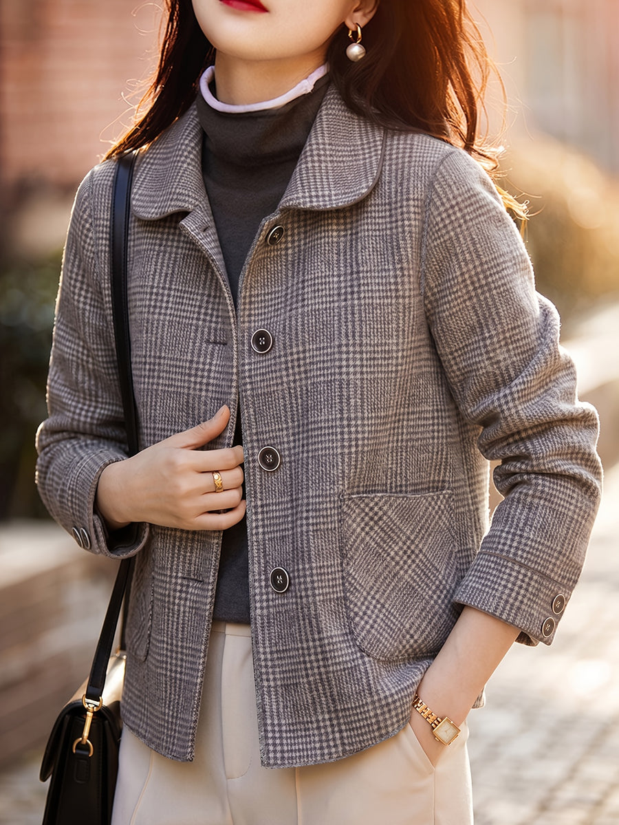 2026 Vintage Gray Houndstooth Short Blazer for Women, Lapel Collar, Single-Breasted, High-End Feel, Simple Commuter Jacket Top - Coffee Color
