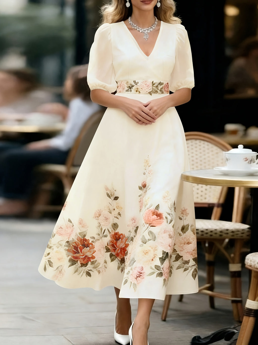 Elegant Temperament Printed Waist-Cinching Flared Dress - Apricot