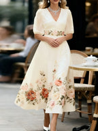 Elegant Temperament Printed Waist-Cinching Flared Dress - Apricot