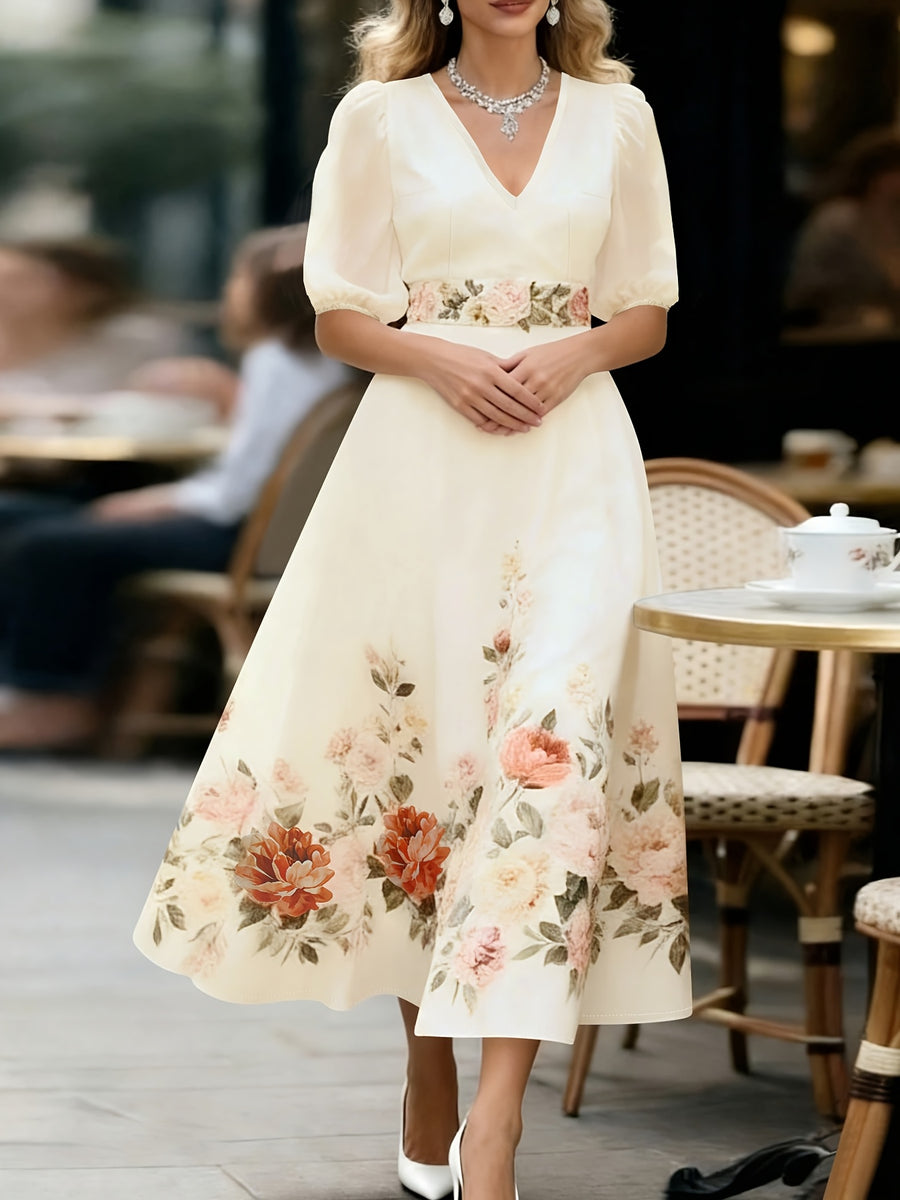 Elegant Temperament Printed Waist-Cinching Flared Dress - Apricot