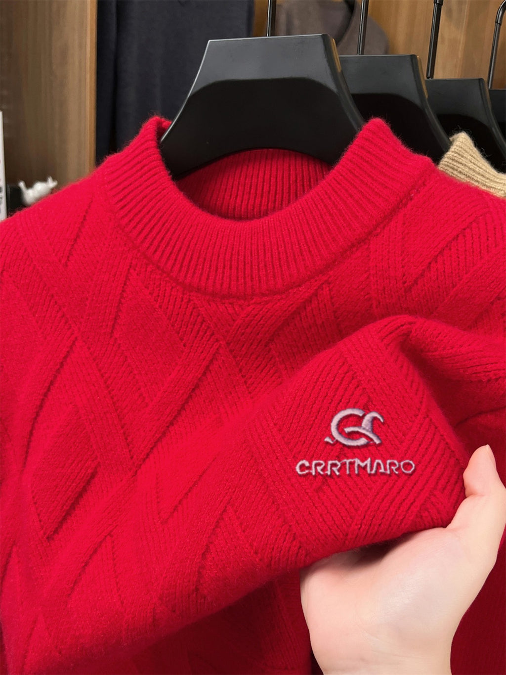 ZBZP Autumn Winter Knit 3D Solid Mid-High Neck Sweater, Basic Knit Pullover Top for Men, Fashion Long Sleeve Sweater SYD - Bright Red
