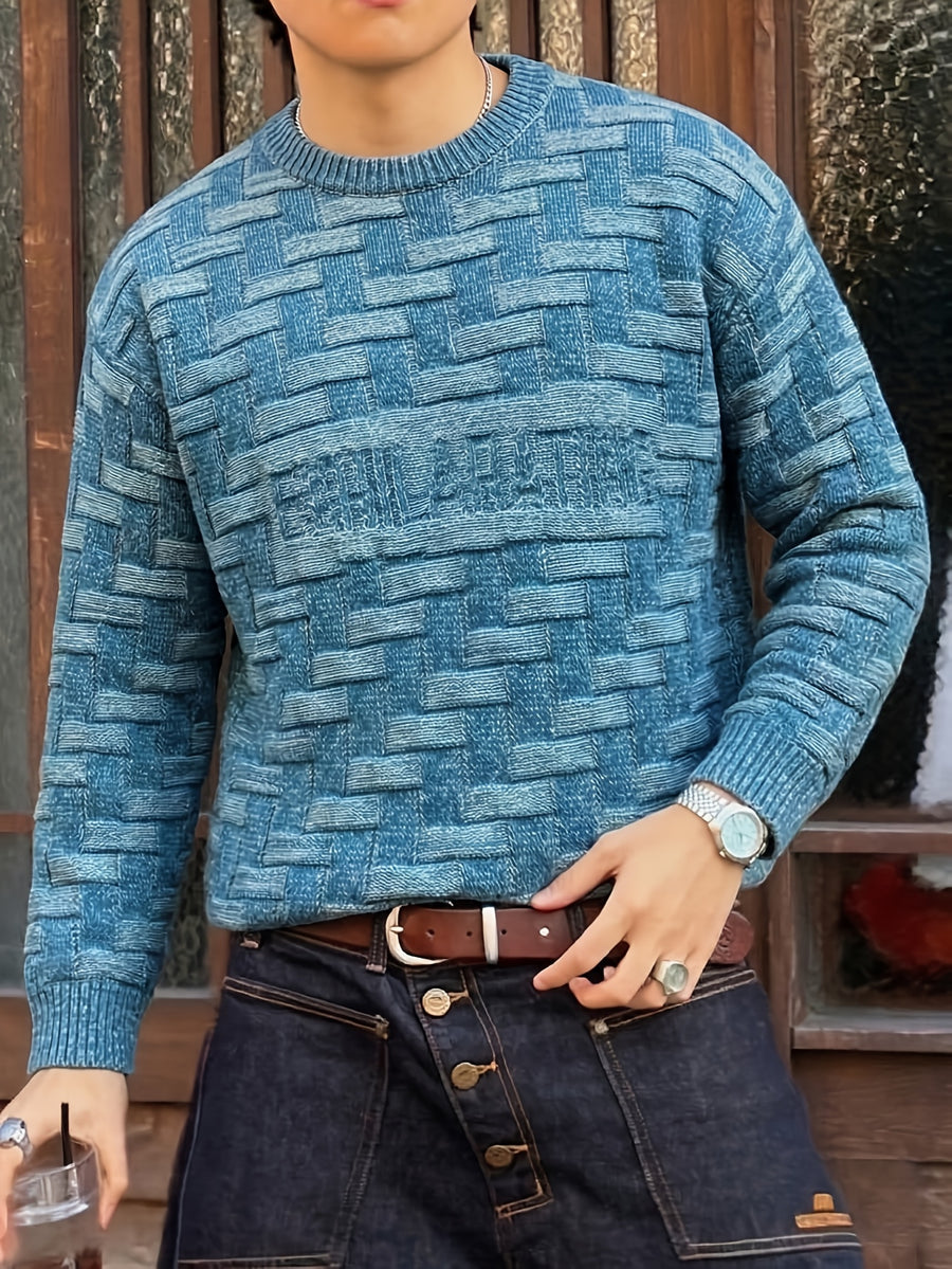 Autumn/Winter Men's Textured Pattern Crew Neck Pullover Basic Casual Korean Style Versatile Loose Fabric Top - Light Blue Color