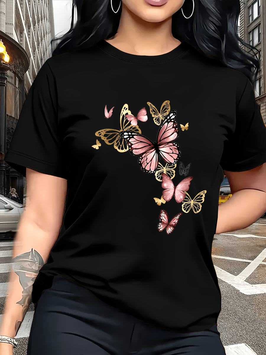 Watercolor Style Butterfly Pattern Print, Fashion Breathable T-Shirt, Family Travel, Campus, Casual, Daily Commute, Sisters' Matching Outfit, Versatile T-Shirt - Black 1