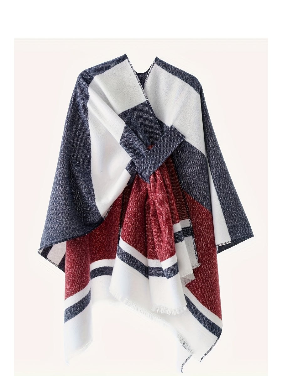 Women's Fashion Classic Striped Color Block Pattern Autumn and Winter Windproof Buttoned Travel Wrap Coat - Navy Color