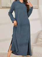 Plus Size Fall Winter Long Hooded Striped Thick Skin-Friendly Slit Casual Home Sleep Dress - Sea Blue
