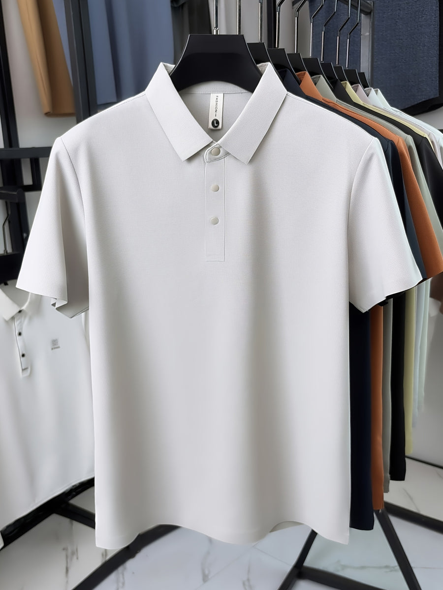 SaXing OBM New Spring/Summer Men's Polo Shirt, Old Money Style Textured Waffle Knit Solid Color Contrast Seamless Half-Placket Single-Breasted Lapel Short-Sleeve T-Shirt, Men's Fashionable Versatile Pullover Base Layer Top with Split Hem Design - Beige Color