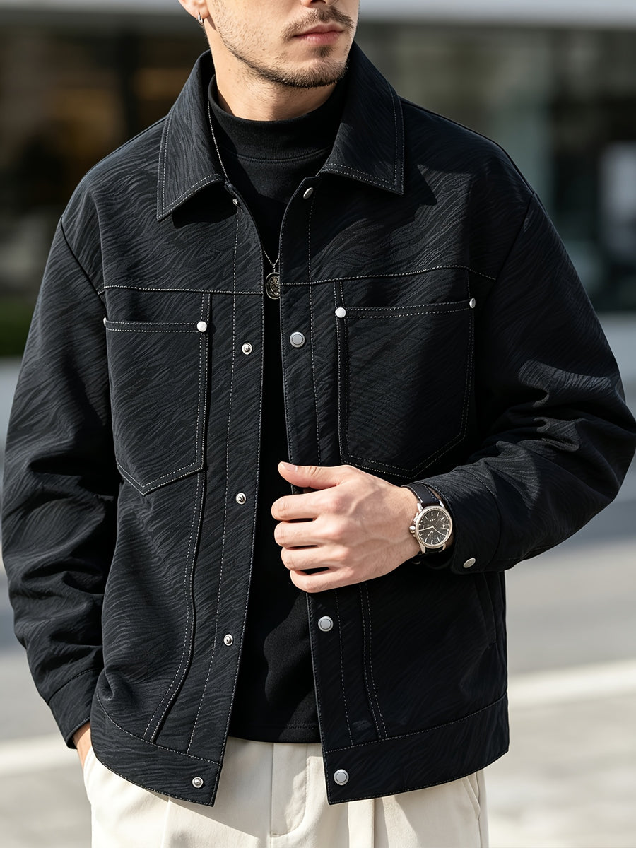 Men'S Minimalist Premium Style Lapel Jacket, Solid Base with Embossed Texture, Versatile And Timeless, Structured Fit Enhances Presence, Smooth Wrinkle-Resistant Fabric for Easy Care, All-Season Wear, Ideal for Dates, Commuting, And Shopping - Black