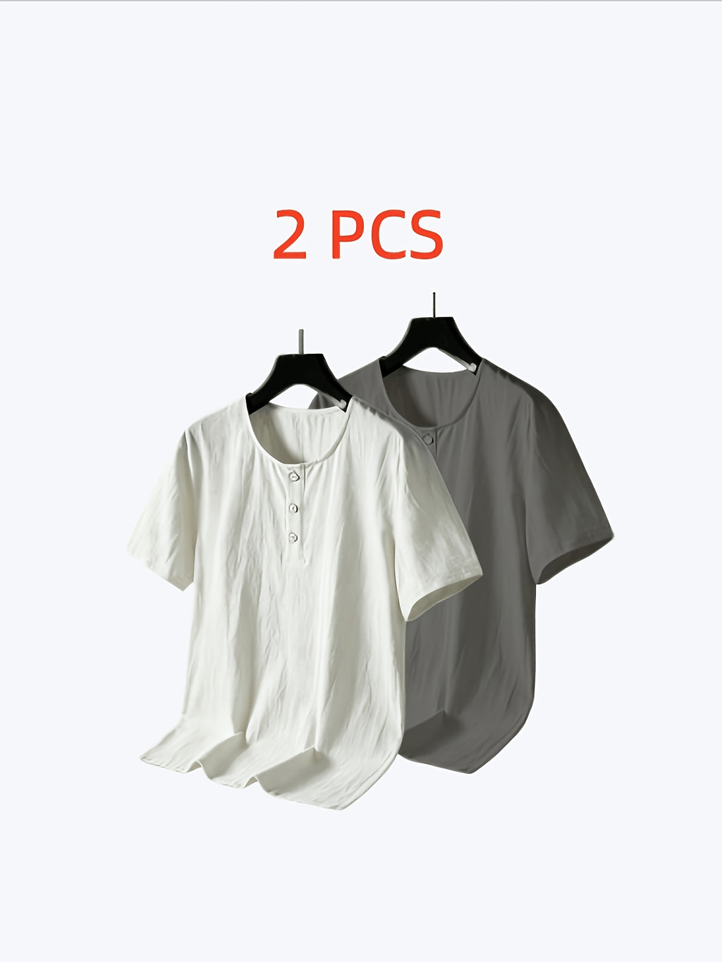 2pcs Washed Wrinkled Textured Crew Neck Henry Short Sleeve T Shirt Set Half Placket Multi Buttons Loose Drop Shoulder Men Island Vacation Solid Breathable Casual Tee Twin Set - Light White+Grey