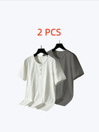 2pcs Washed Wrinkled Textured Crew Neck Henry Short Sleeve T Shirt Set Half Placket Multi Buttons Loose Drop Shoulder Men Island Vacation Solid Breathable Casual Tee Twin Set - Light White+Grey