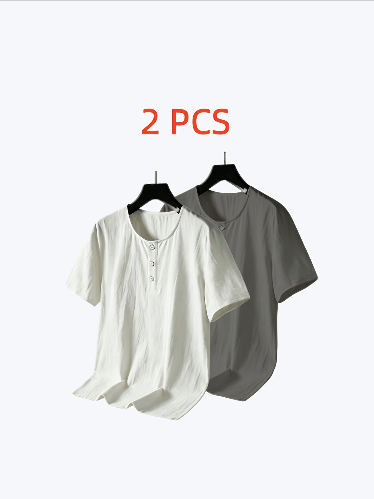 2pcs Washed Wrinkled Textured Crew Neck Henry Short Sleeve T Shirt Set Half Placket Multi Buttons Loose Drop Shoulder Men Island Vacation Solid Breathable Casual Tee Twin Set - Light White+Grey