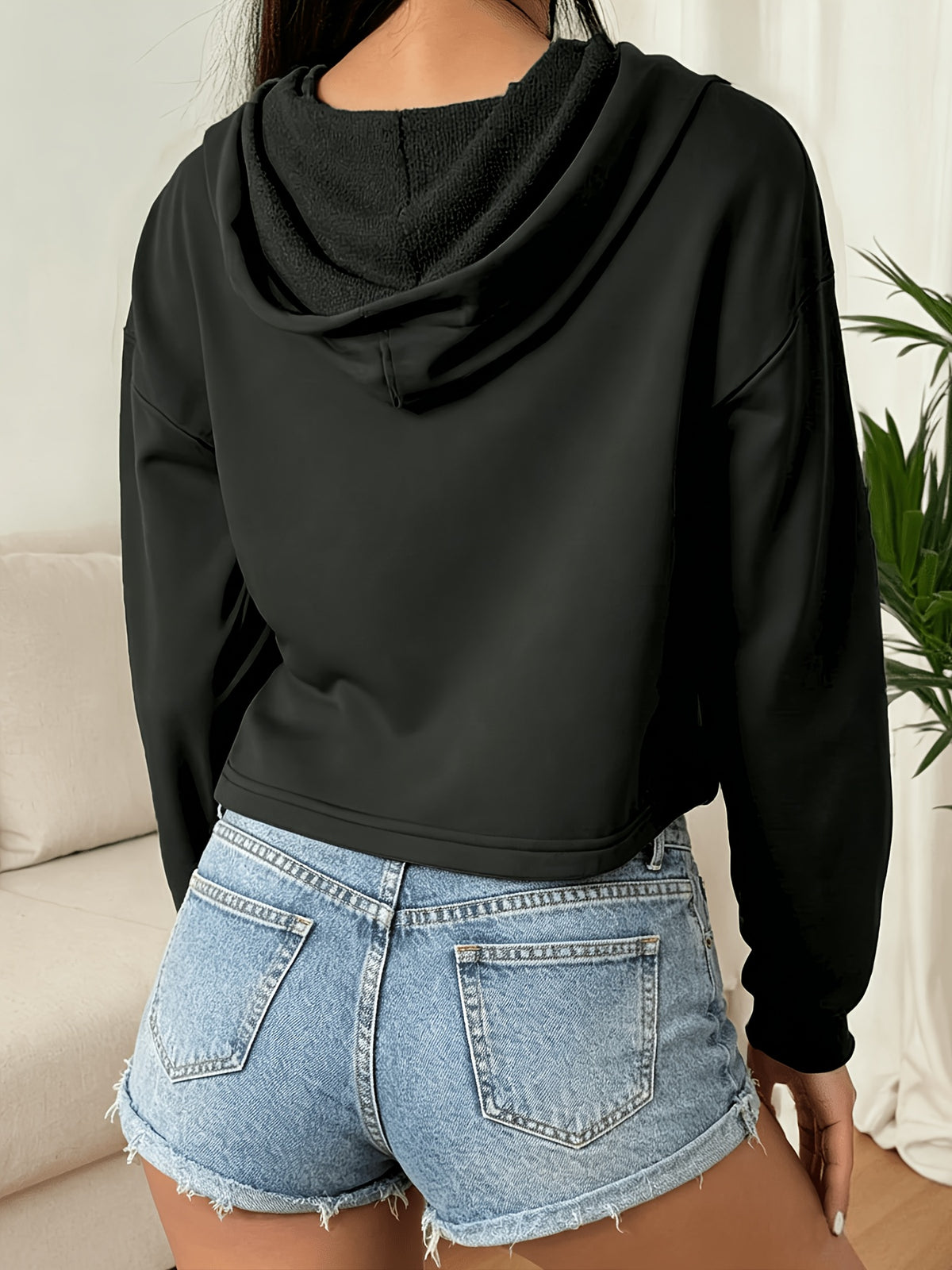 Women's Loose Fit Long Sleeve Top, Hot Style High Waist Crop Hooded Sweatshirt - Black