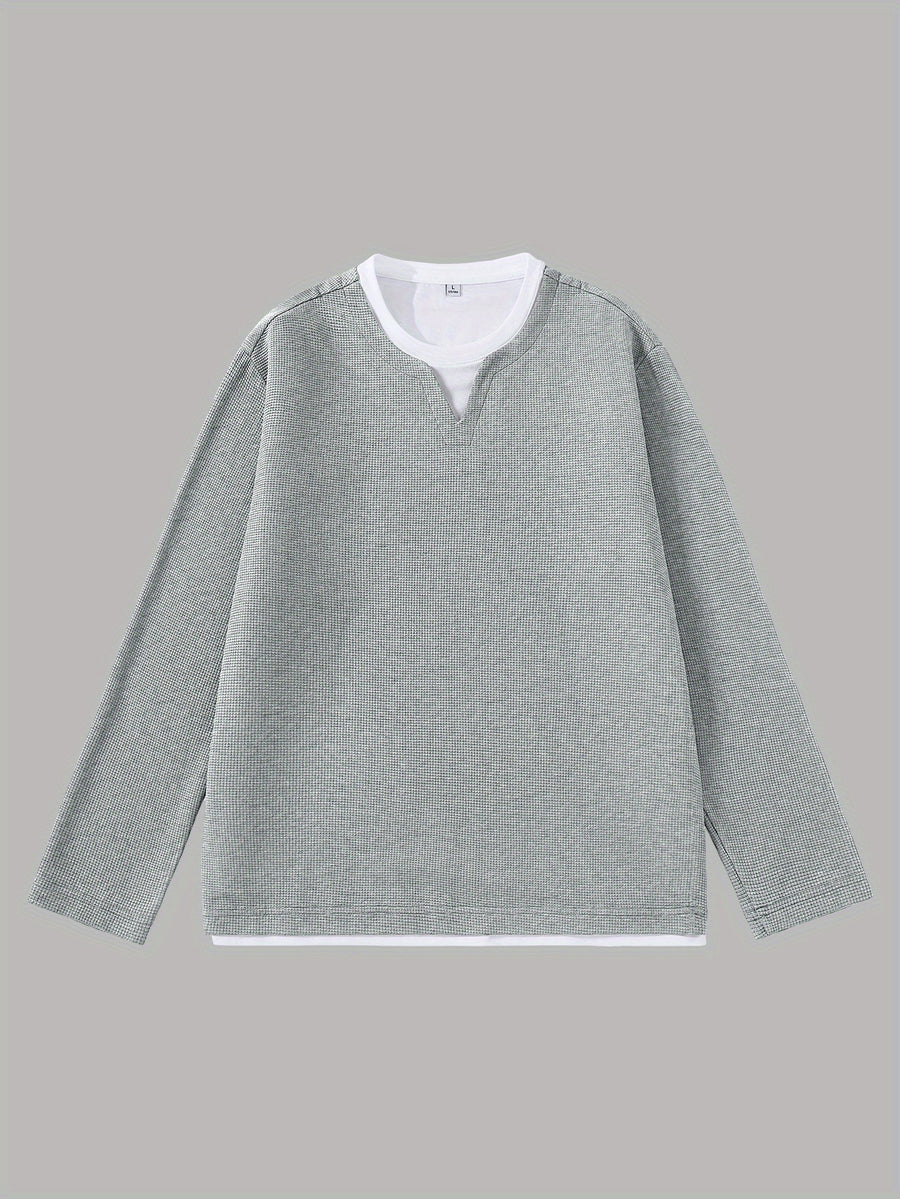 Men'S Spring And Autumn Fashion Waffle Long Sleeve T-Shirt - Grey