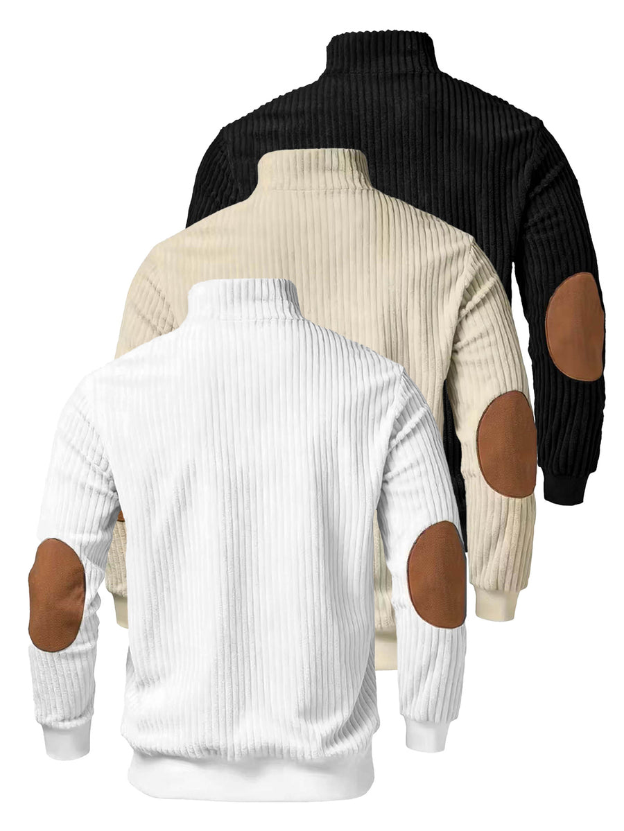 A 3pcs Men's Top Featuring Ribbed Cable-knit with Brown Block Design, Stand-up Collar, and Zipper Closure, Suitable for Both Daily Commutes and Formal Occasions, Offering a Casual yet Elegant Look - Black + Apricot + White