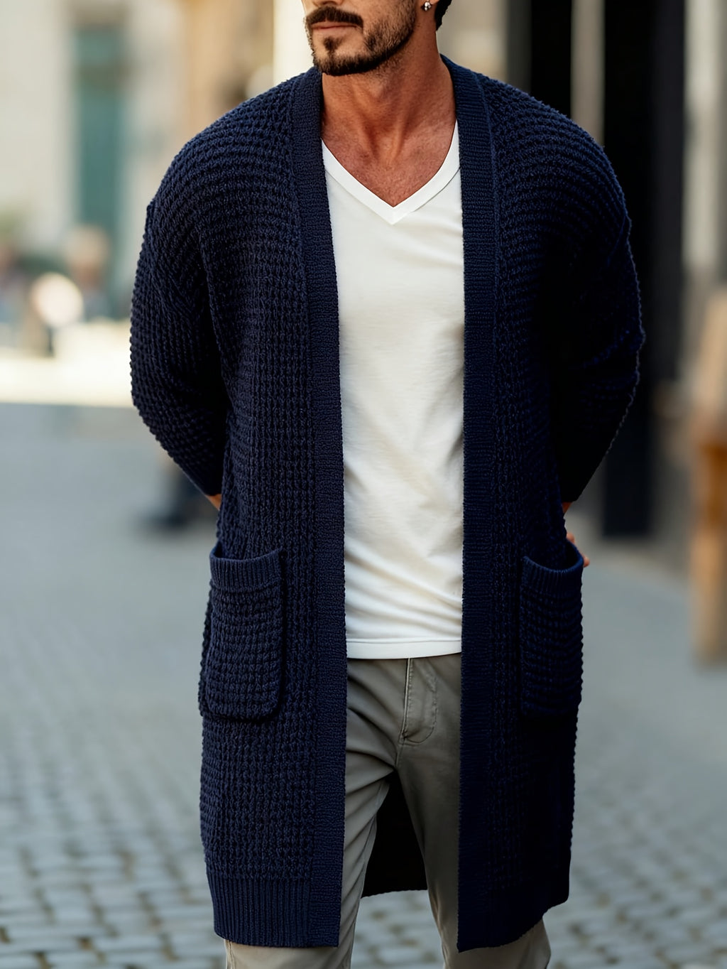 OBM Waffle Knit Buttonless Open Front Coat with Textured Three-Dimensional Design, Subdued and Simple Color Tones, Exuding a High-End Feel, Suitable for Daily Casual and Light Business Styles - Navy Color