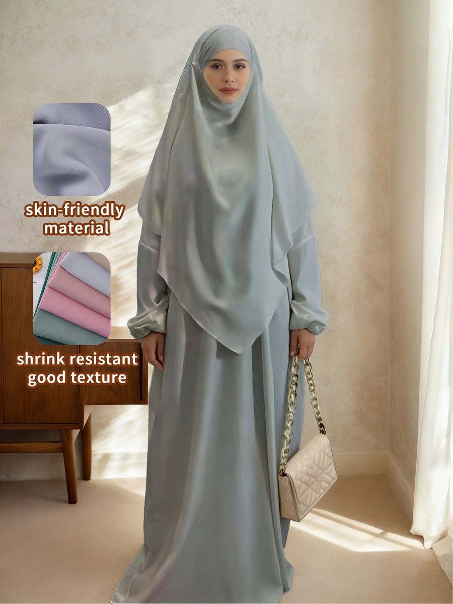 2pcs Easy Solid Abayas, Dignified Long-Sleeved Dresses, Asian Women'S Size Clothing, Elegant And Suitable for Gifting During Ramadan - Light Grey