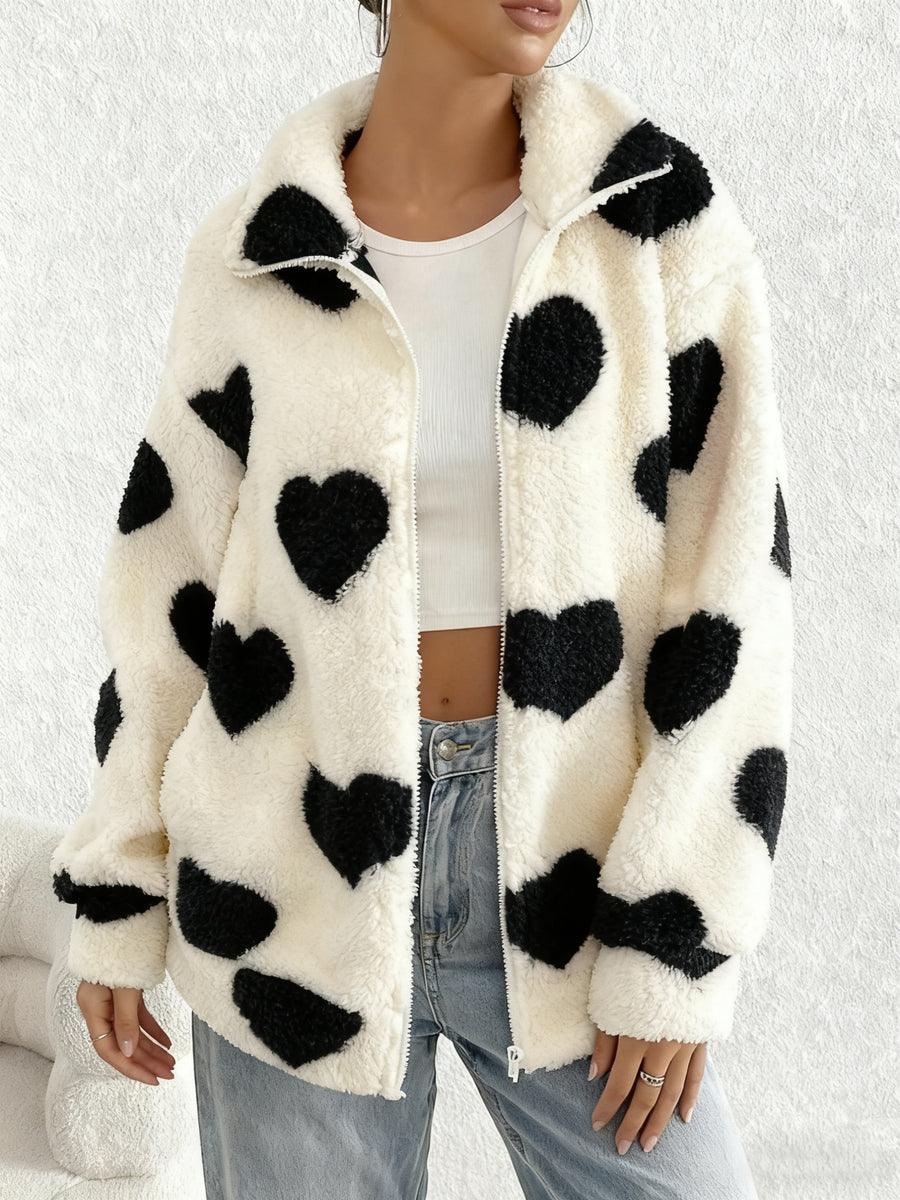 Women'S Winter Coat - Red Heart Print Fleece Jacket, Long Sleeve Zippered Coat, Machine Washable for Casual And Formal Occasions, Women'S Warm Winter Wear - Black