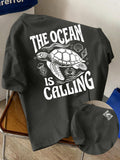Men's New Style Pure Cotton Short Sleeve Crew Neck T-Shirt with "Ocean Call" Print, Suitable for Vacation, Leisure, Comfortable, Soft, Breathable, Summer Essential - Dark Gray
