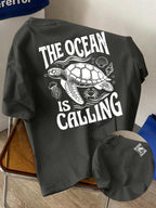 Men's New Style Pure Cotton Short Sleeve Crew Neck T-Shirt with "Ocean Call" Print, Suitable for Vacation, Leisure, Comfortable, Soft, Breathable, Summer Essential - Dark Gray