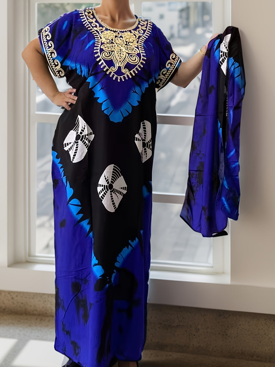 Plus-Size Floral Print Kaftan Dress for Ramadan, Elegant Round-Neck Short-Sleeve Gown for Middle Eastern Women, Women'S Plus-Size Clothing - Royal Blue