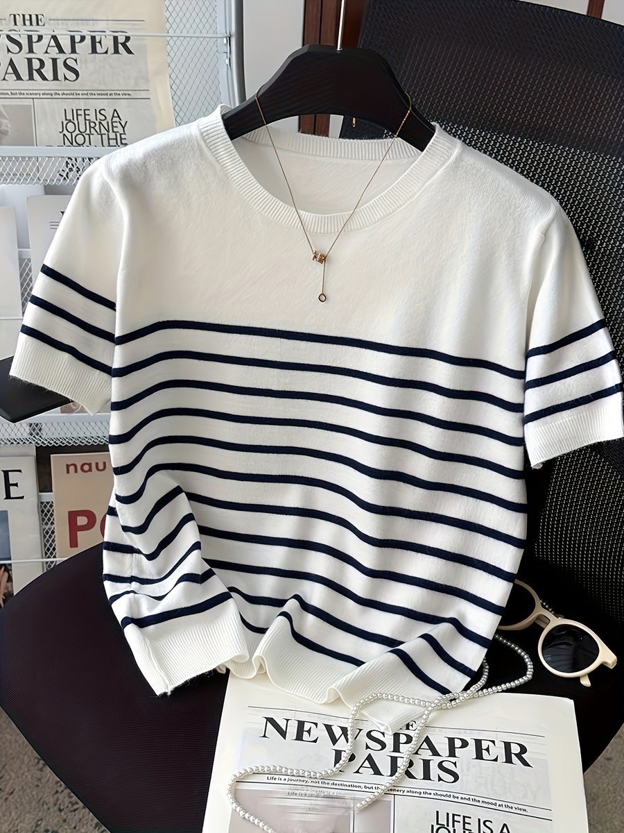 2026 New Women'S Summer Clothing Striped Short-Sleeved Top - Elegant Round Neck Color Block Design, Breathable Spring/Summer Casual/Formal Wear, Versatile Slim Fit T-Shirt, Everyday Fashion - White