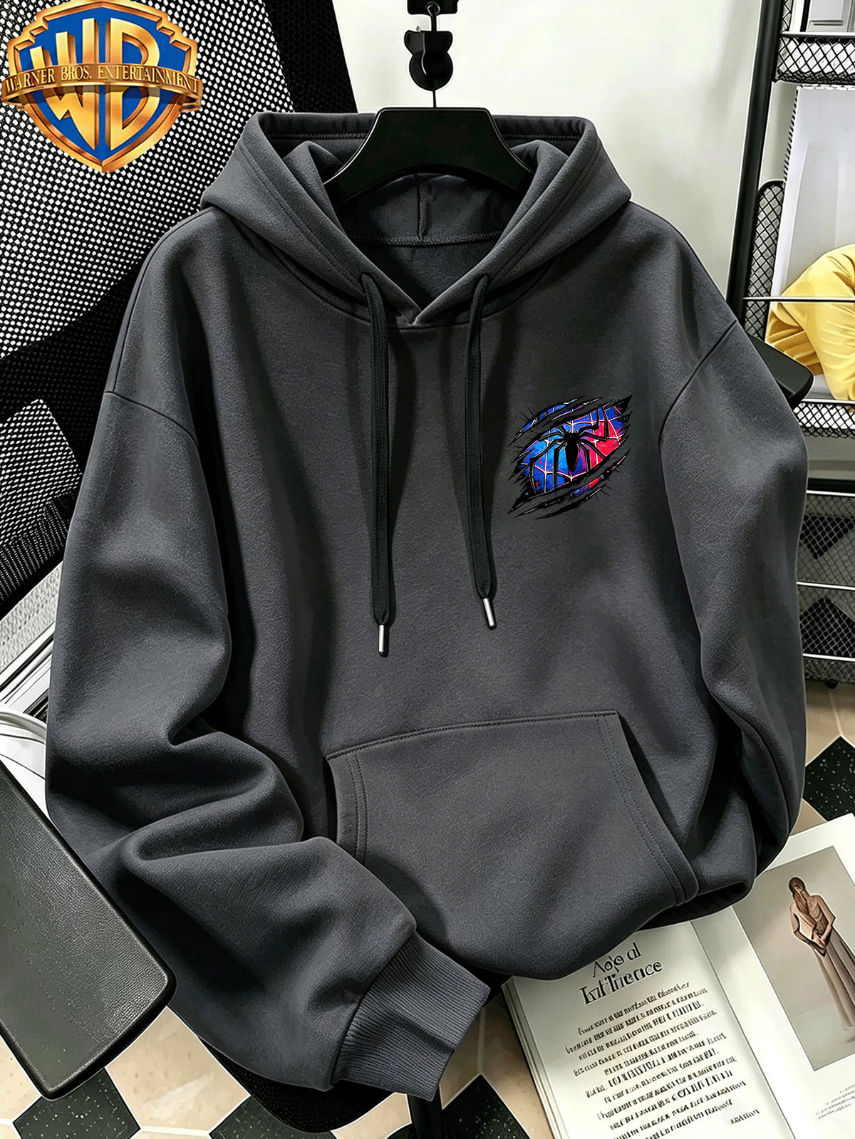 Warner Bros Official Autumn/Winter Casual Sporty Loose Hooded Sweatshirt, Red and Blue Ripped Claw Mark Spiderweb Trendy Cool Vintage Print, Men's Casual Versatile Adjustable Drawstring Sweatshirt, Comfortable and Casual Autumn/Winter Apparel - Dark Gray