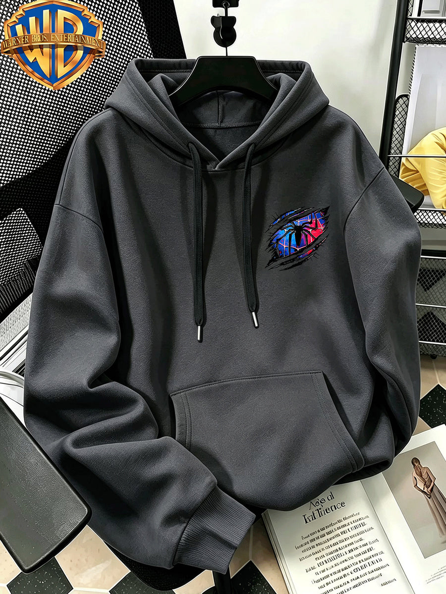 Warner Bros Official Autumn/Winter Casual Sporty Loose Hooded Sweatshirt, Red and Blue Ripped Claw Mark Spiderweb Trendy Cool Vintage Print, Men's Casual Versatile Adjustable Drawstring Sweatshirt, Comfortable and Casual Autumn/Winter Apparel - Dark Gray