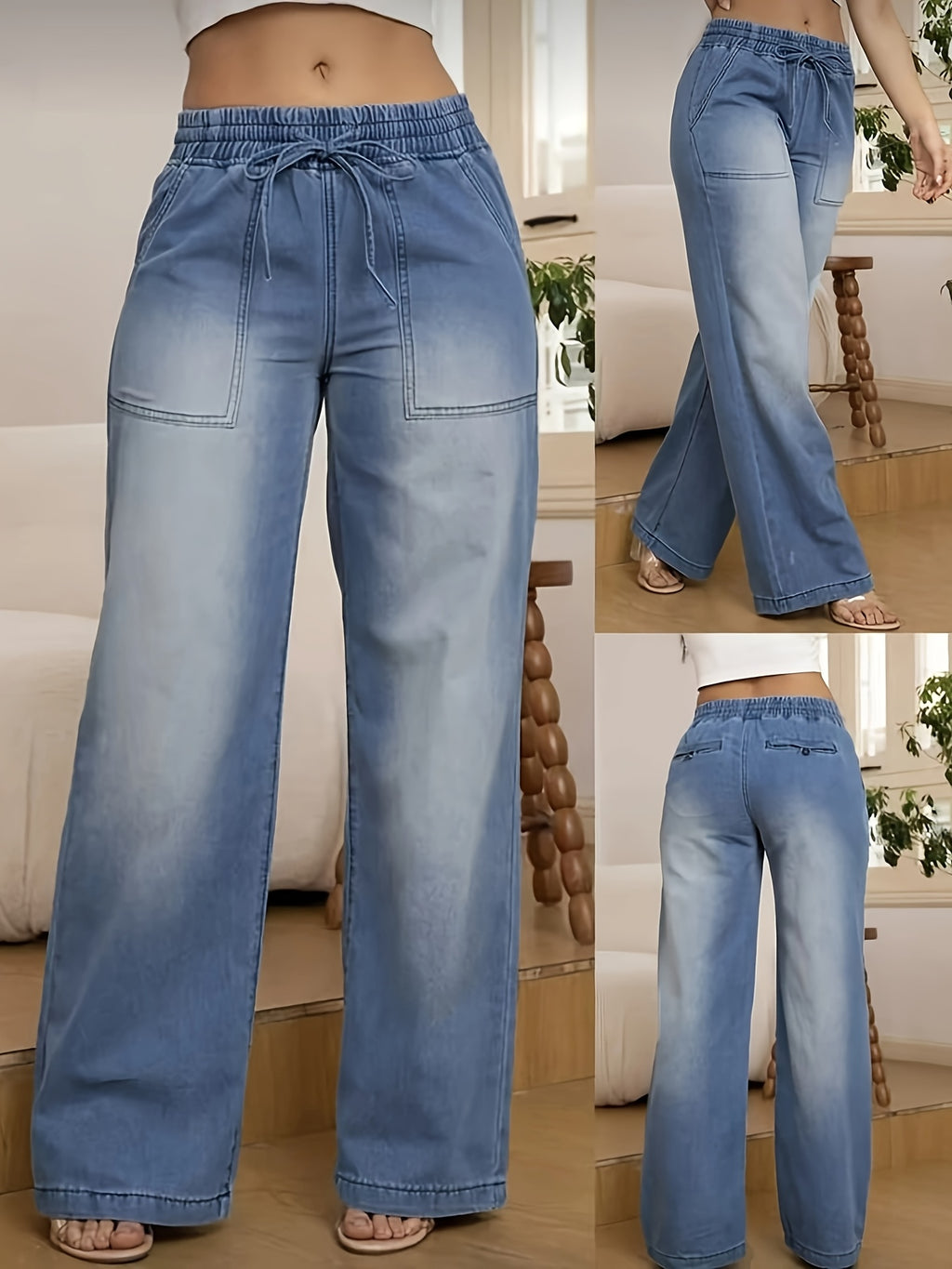 Elastic Waistband Drawstring Pocket Jeans - Medium Blue