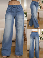 Elastic Waistband Drawstring Pocket Jeans - Medium Blue