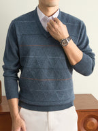 Men's Solid Color V-Neck Sweater - Warm Winter Knit Pullover with V-Neck Collar, Basic Long Sleeve Knitwear Suitable for Fall and Winter, Casual Office Wear, Hand Washable Regular Fit Sweater for Layering - Blue