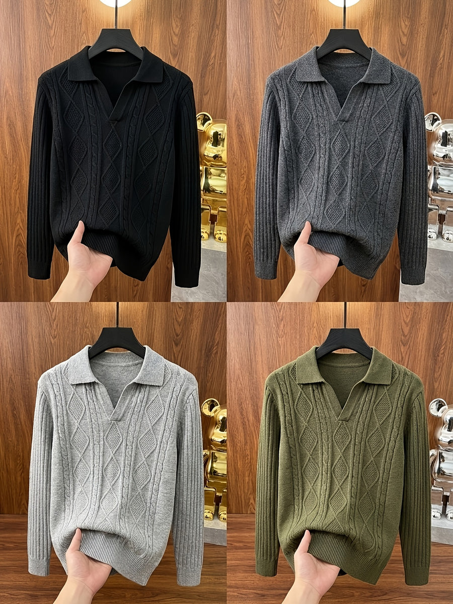 Men's Autumn/Winter Lapel Sweater Vintage Long-Sleeve Pullover Base Layer - Light Grey