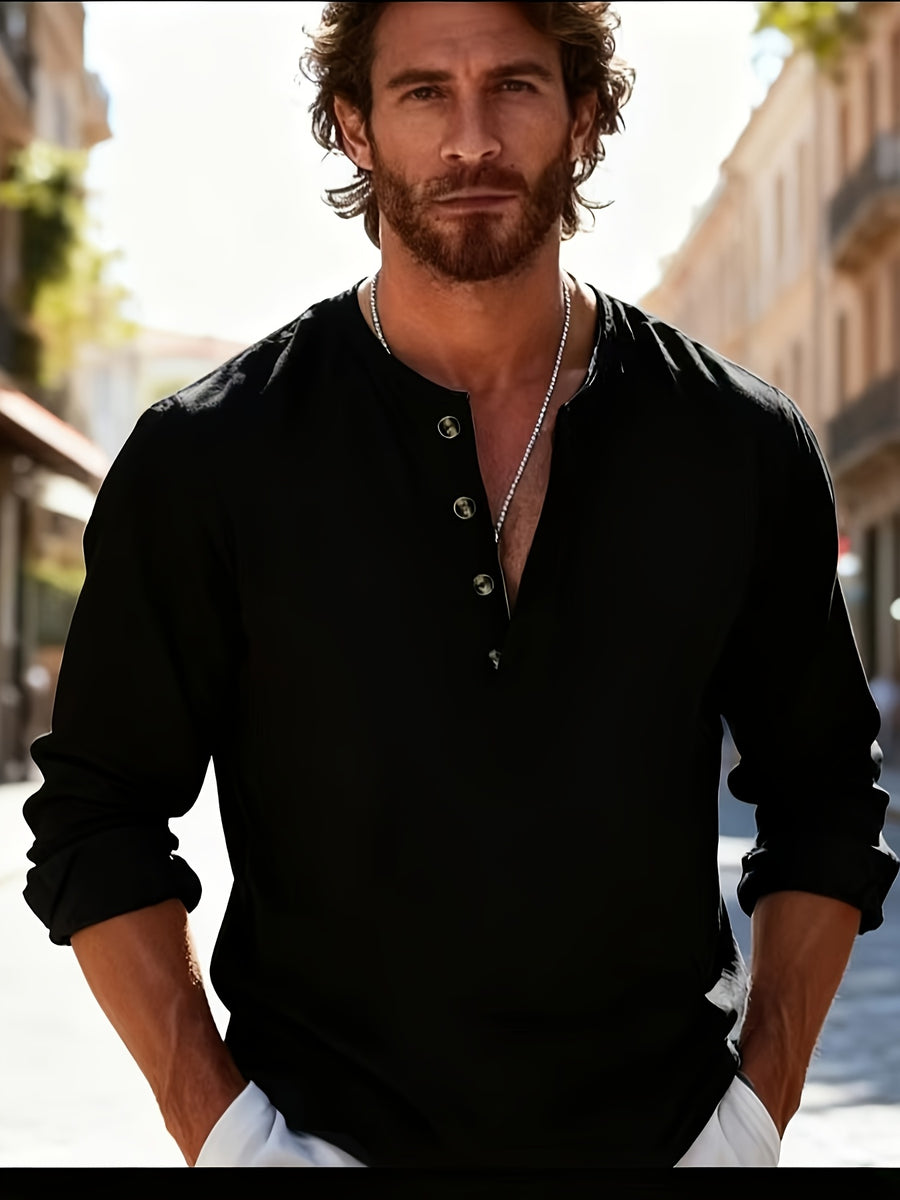 Men'S Breathable Shirt - Casual Long-Sleeve Polo Collar, White, Comfortable And Stylish, Suitable for All Seasons, Button Design on The Front, Regular Fit, Casual Wear, Classic Collar, Durable Construction, Versatile Clothing - Space Black